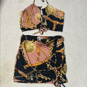 Fashion Nova Chain and Rope Print Skirt Set in Black and Pink